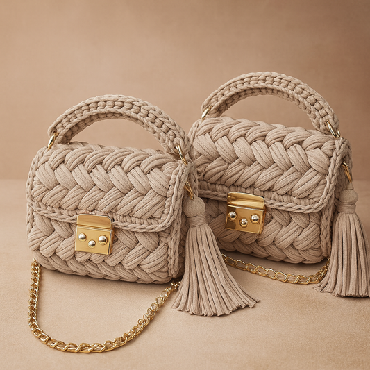 Handcrafted Luxe Braided Crochet Bag with Gold Hardware & Tassel – Available in Tan, Brown, Mustard, Black & Green