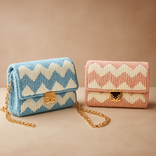 Chevron Dream Crochet Shoulder Bag - Handwoven Purse with Gold Chain | Boho Chic | Pink | Black or Blue | Handmade Gift